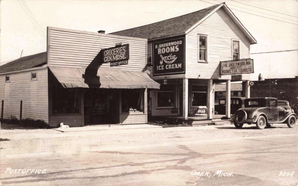 Historic storefronts in Omer, Michigan.