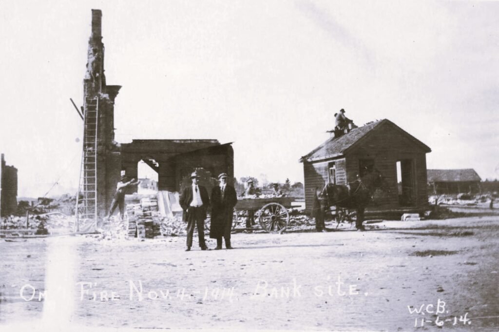 Ruins of a burned bank site