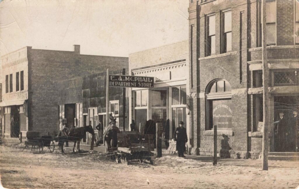Historic storefront with horse-drawn carriage