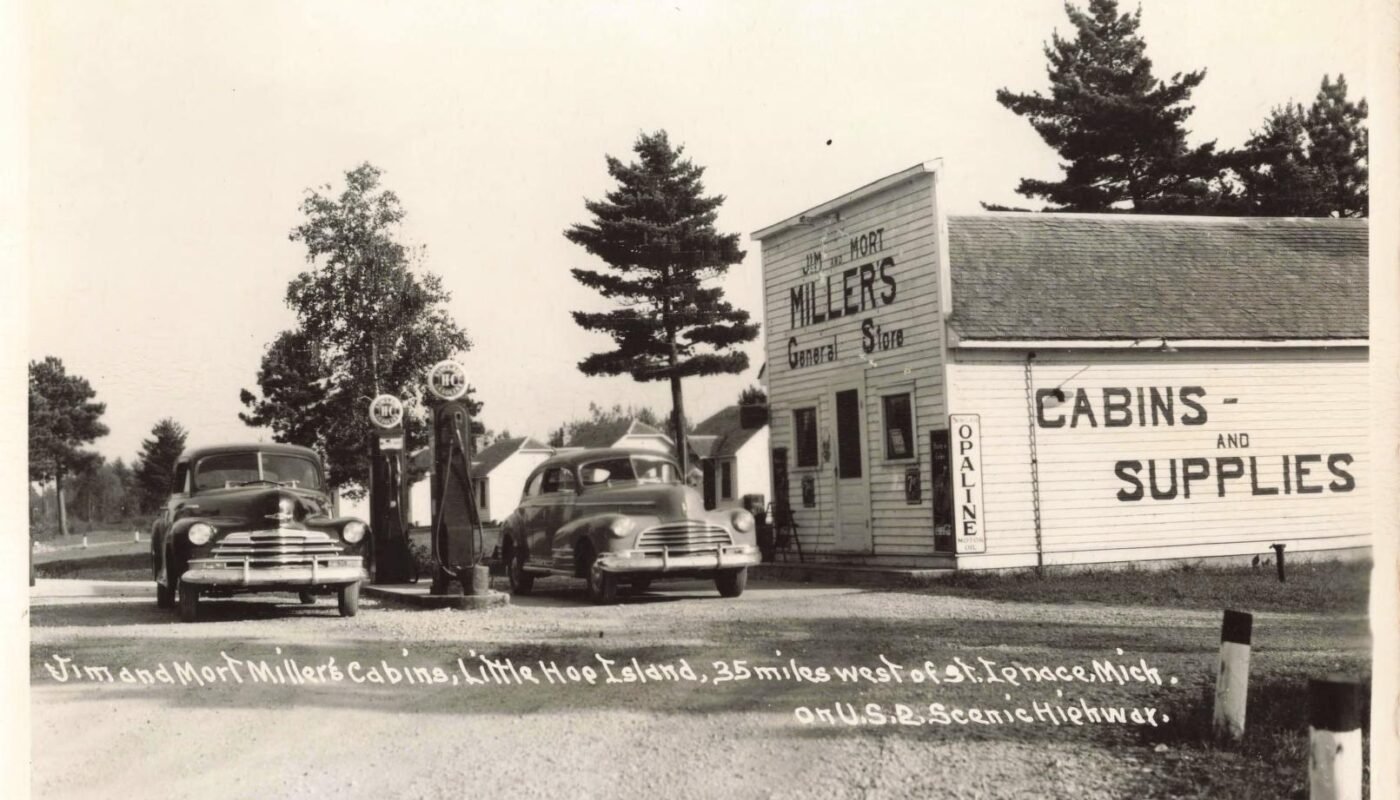 Jim and Mort Miller's Cabins, Little Hoe Island, 35 miles west of St. Iphace, Mich. on U.S.A. Scenic Highway 1958