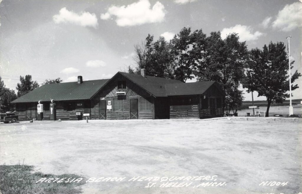 Log cabin by a beach.