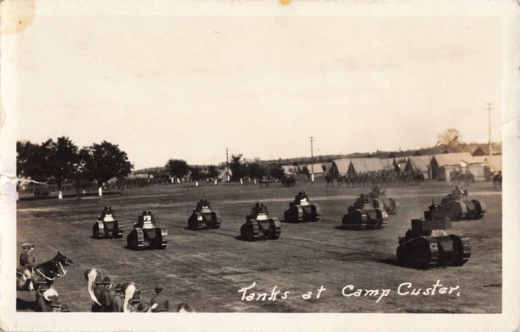 Tanks on display or in formation at Camp Custer, signaling the Army’s growing emphasis on mechanized warfare during the interwar and World War II years.