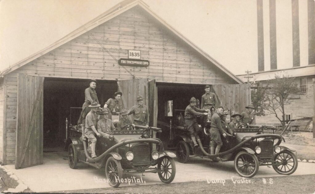Fire Truck and Hose Company No. 8 at the Camp Custer base hospital, responsible for fire protection across wooden barracks and medical facilities.
