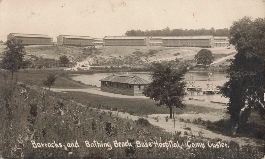 Barracks overlooking a bathing beach near the Camp Custer base hospital, where soldiers recuperated, swam, and briefly escaped daily drills.