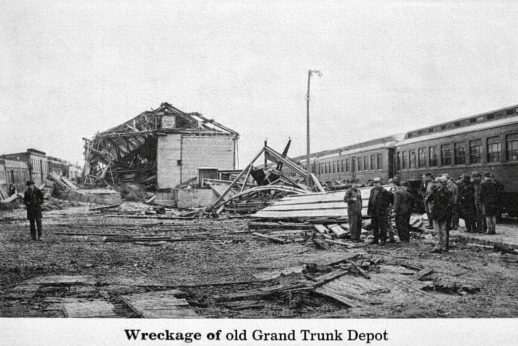 Restored photo of the wreckage of the St. John's Depot from the Palm Sunday 1920 tornado. 