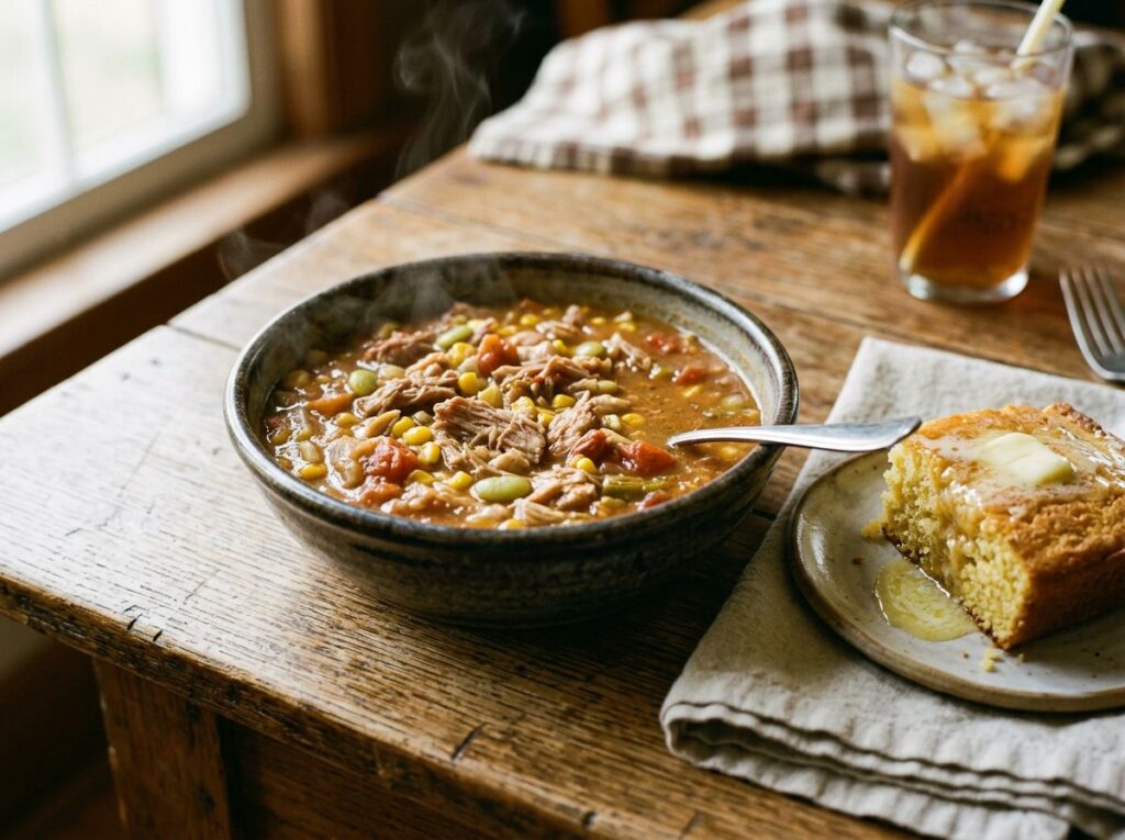 Bowl of stew with cornbread slice