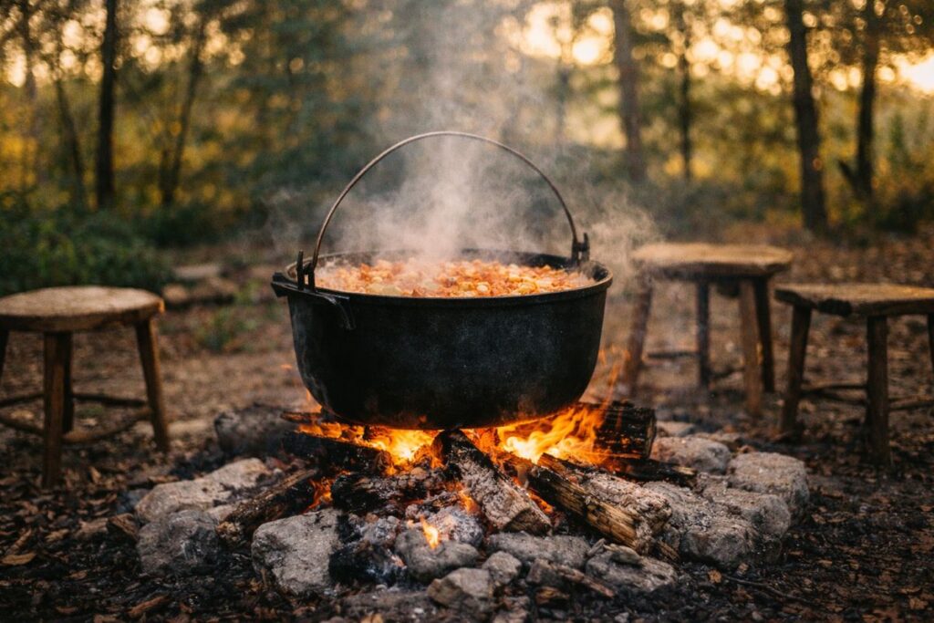 Cauldron cooking stew over open fire