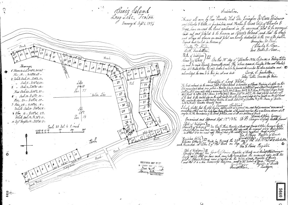  Case’s Island plat map and island development
A late-1800s document showing planned lots on Case’s Island on Long Lake.