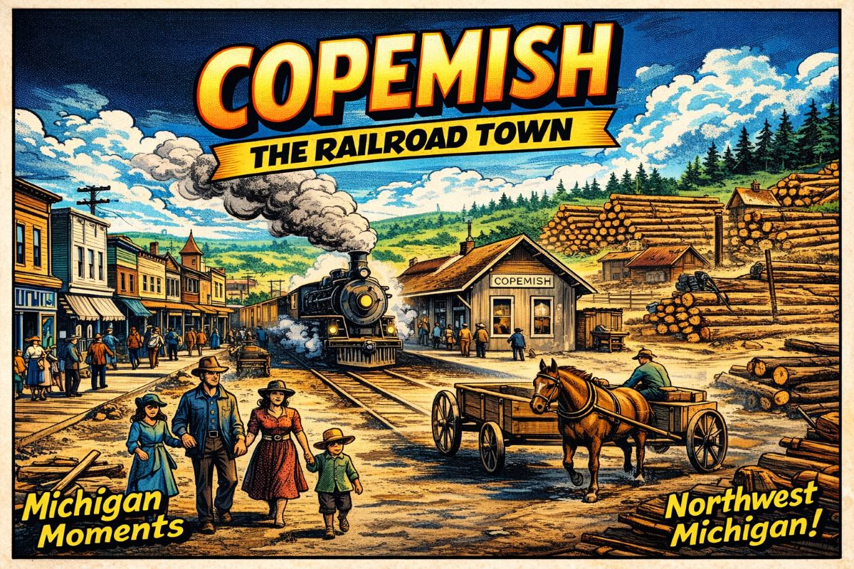 Vintage railroad town scene illustration