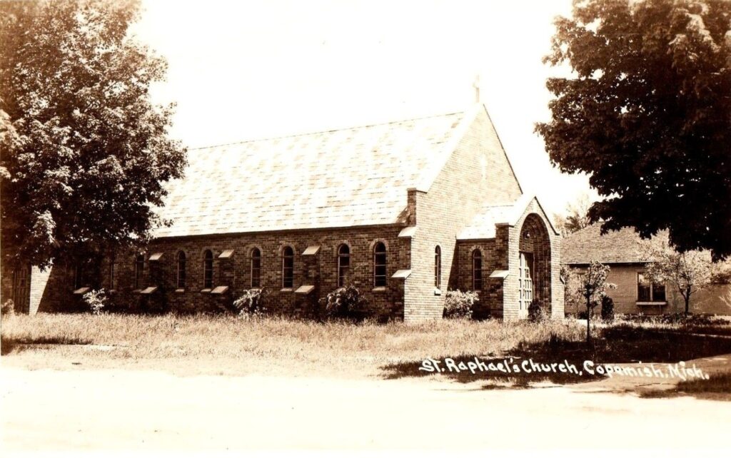St. Raphael’s Church postcard view, showing the religious footprint present in Copemish-area history.