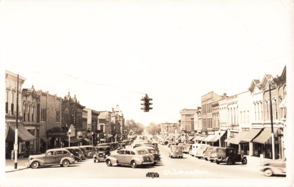 Historic downtown street with vintage cars