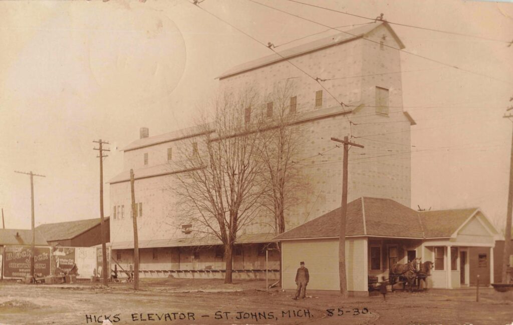 Grain elevator labeled “Hicks Elevator … 5-5-35.”