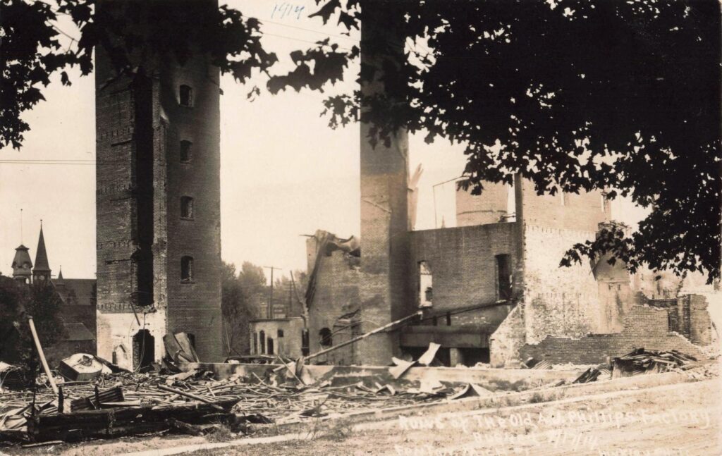 Ruins after the Sept. 17, 1914 fire
A postcard record that names the date of the fire and shows how the town memorialized the event.