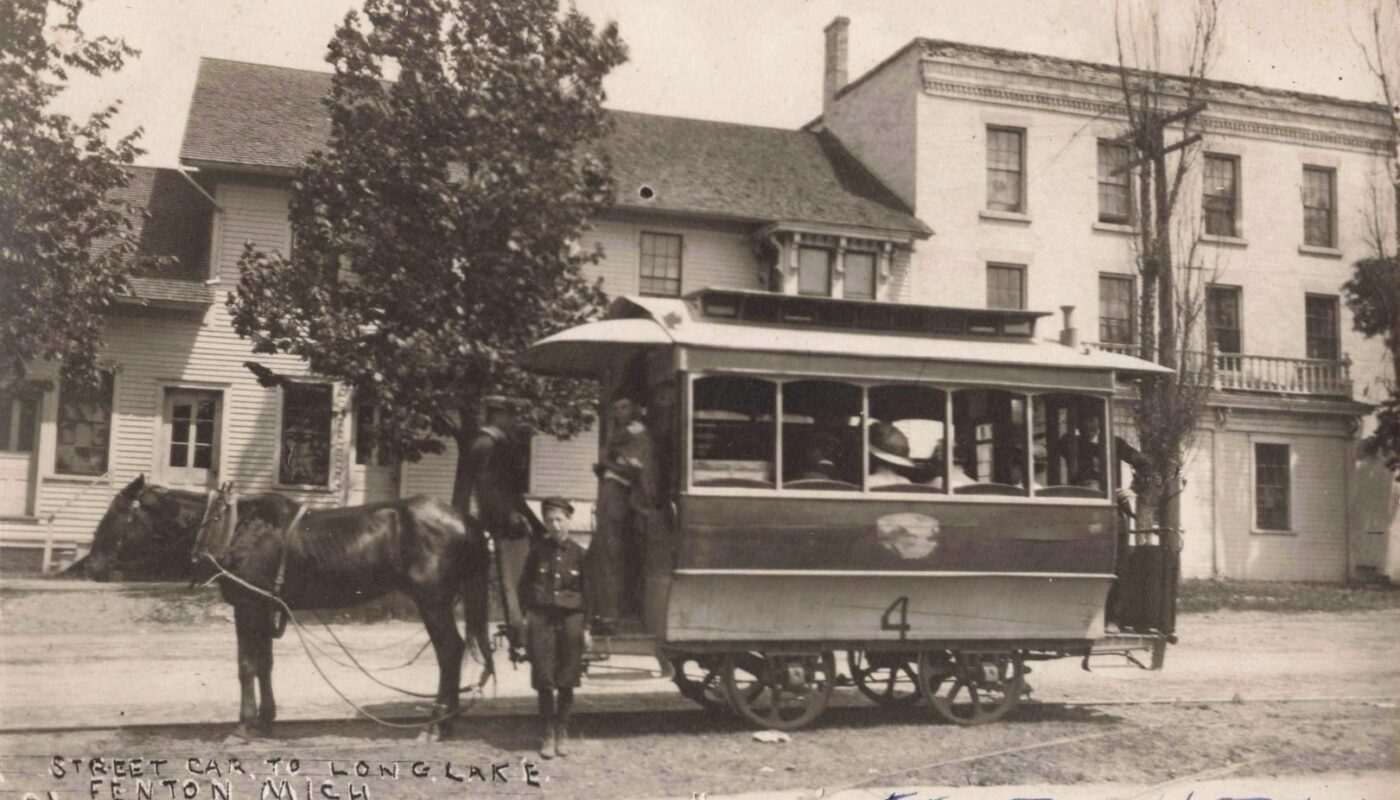 Horse-drawn streetcar in Fenton, Michigan.