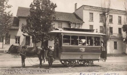 Horse-drawn streetcar in Fenton, Michigan.
