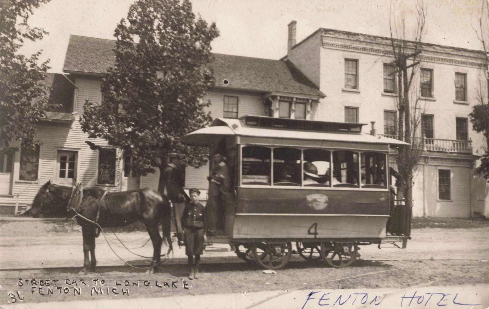 Horse-drawn streetcar in Fenton, Michigan.