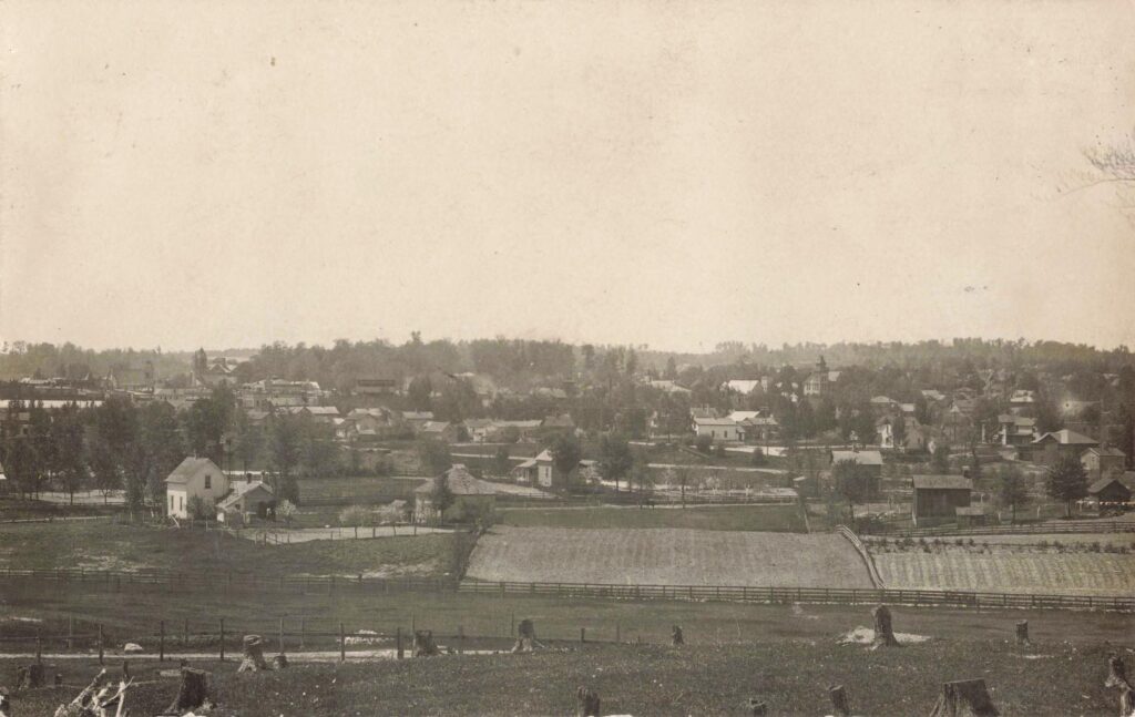 Historic rural landscape with buildings.