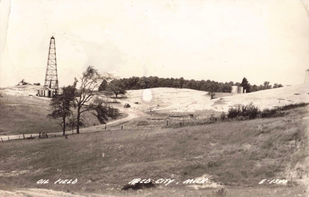 Historic oil field landscape with trees