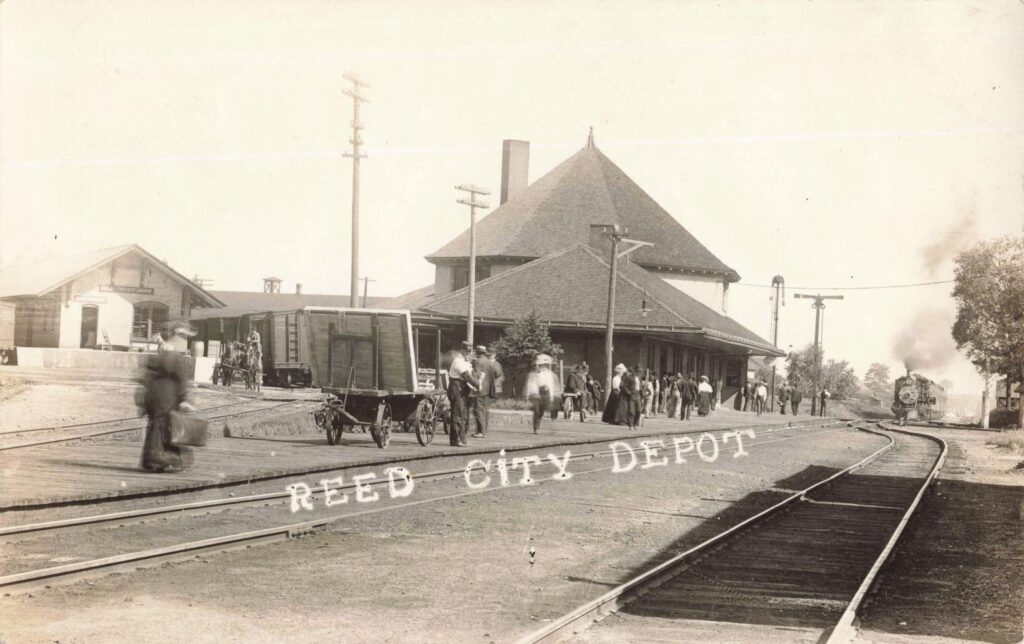 Historic train station with people