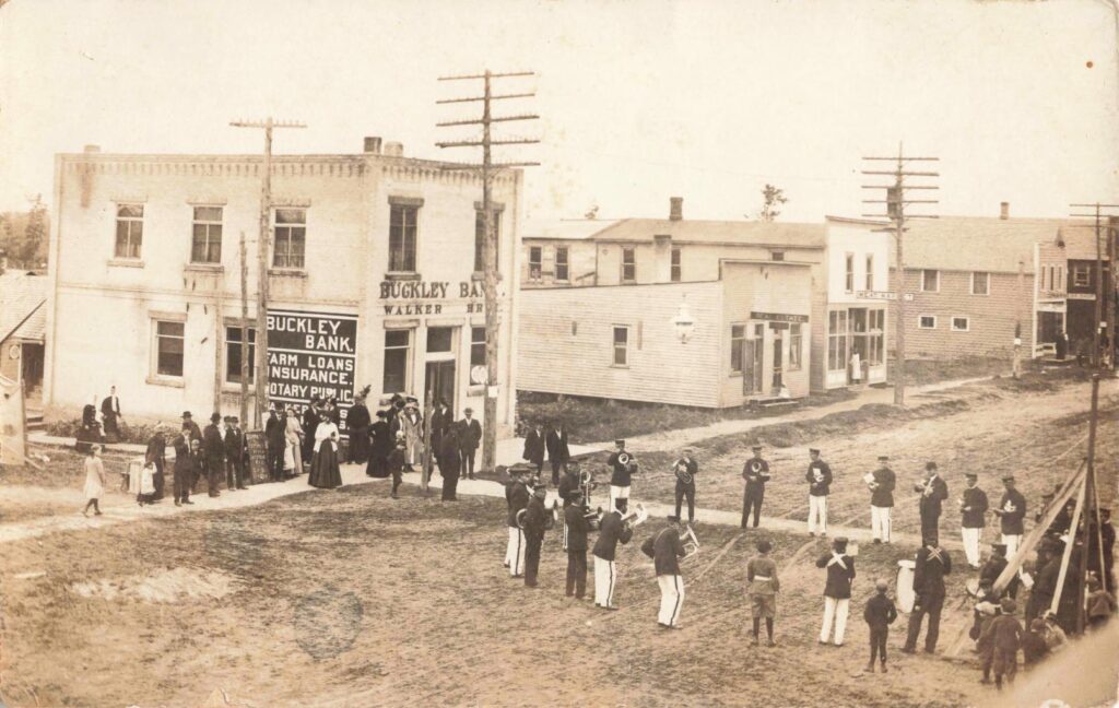 The Buckley Bank building shows the town’s growth from a logging camp into an established business center serving the surrounding farms.