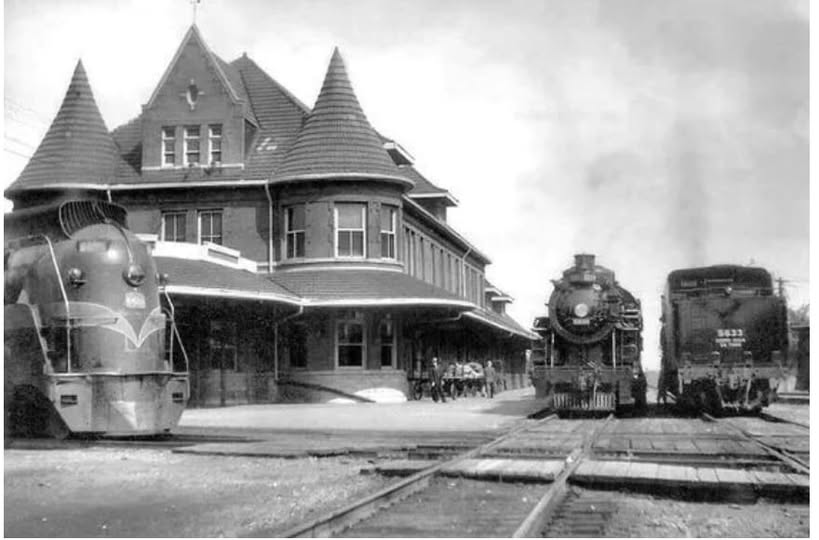 Historic train station with locomotives
