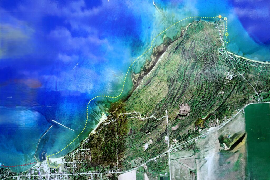 Aerial view of coastal landscape.