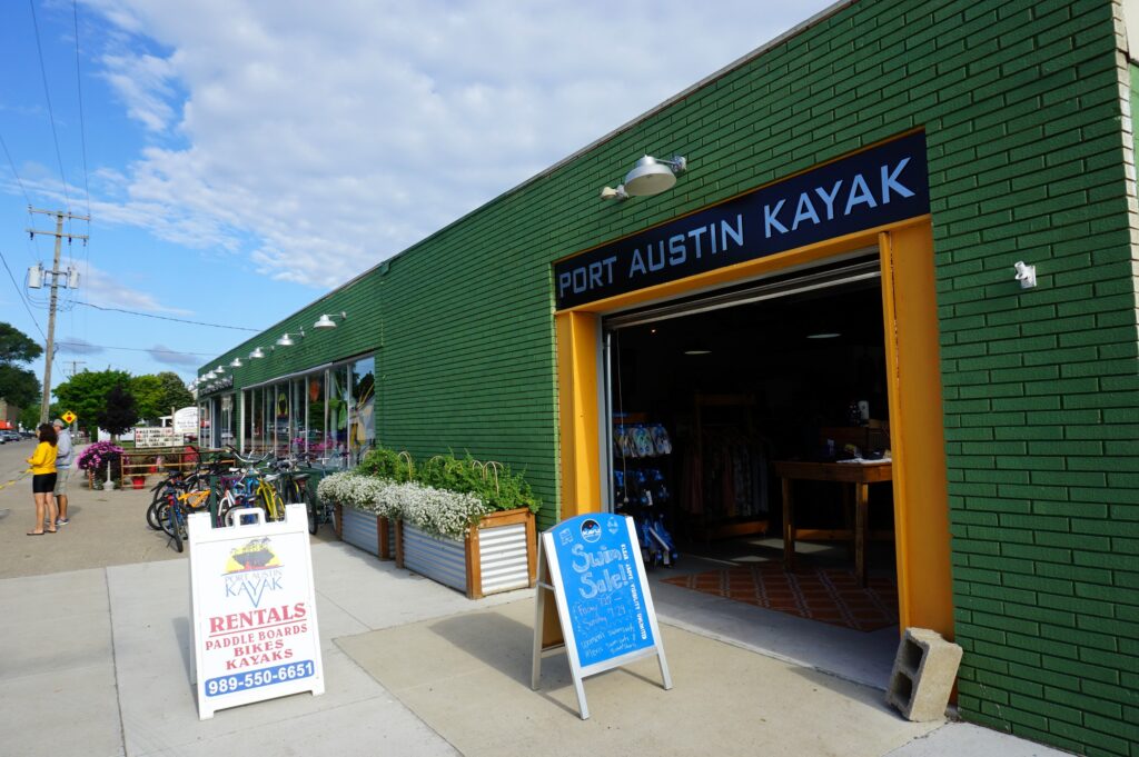Kayak rental shop with signage