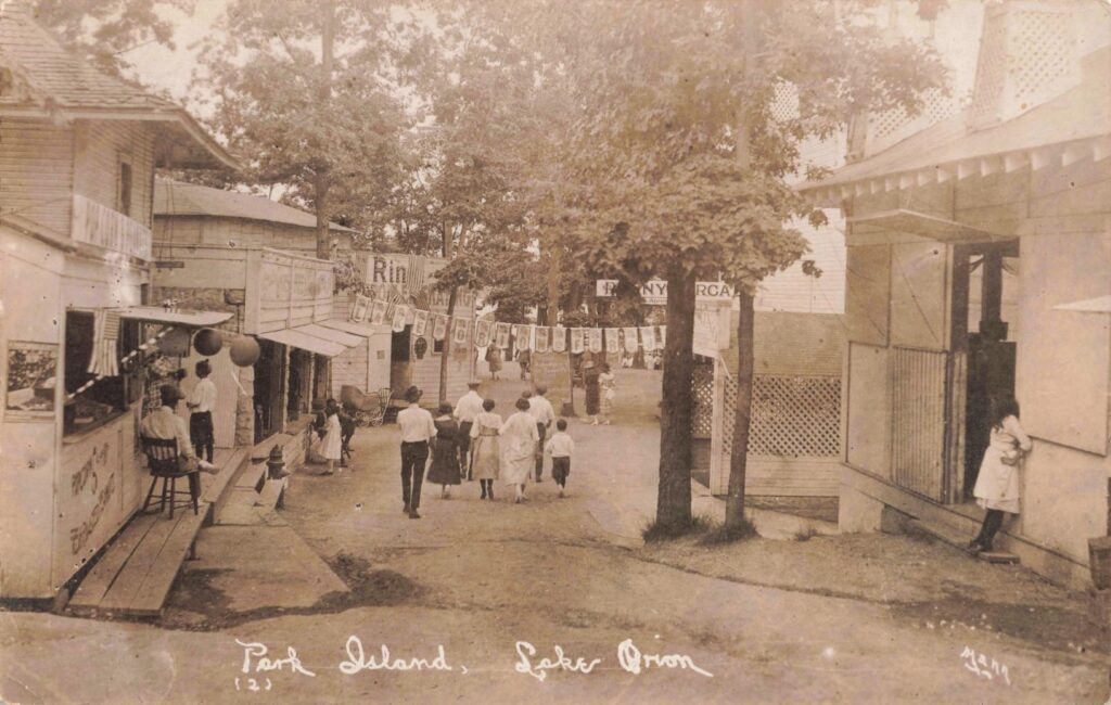 Historic park scene with people walking