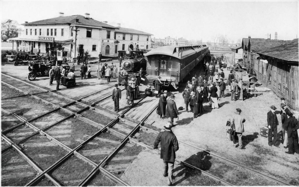 Historic train station with bustling crowd