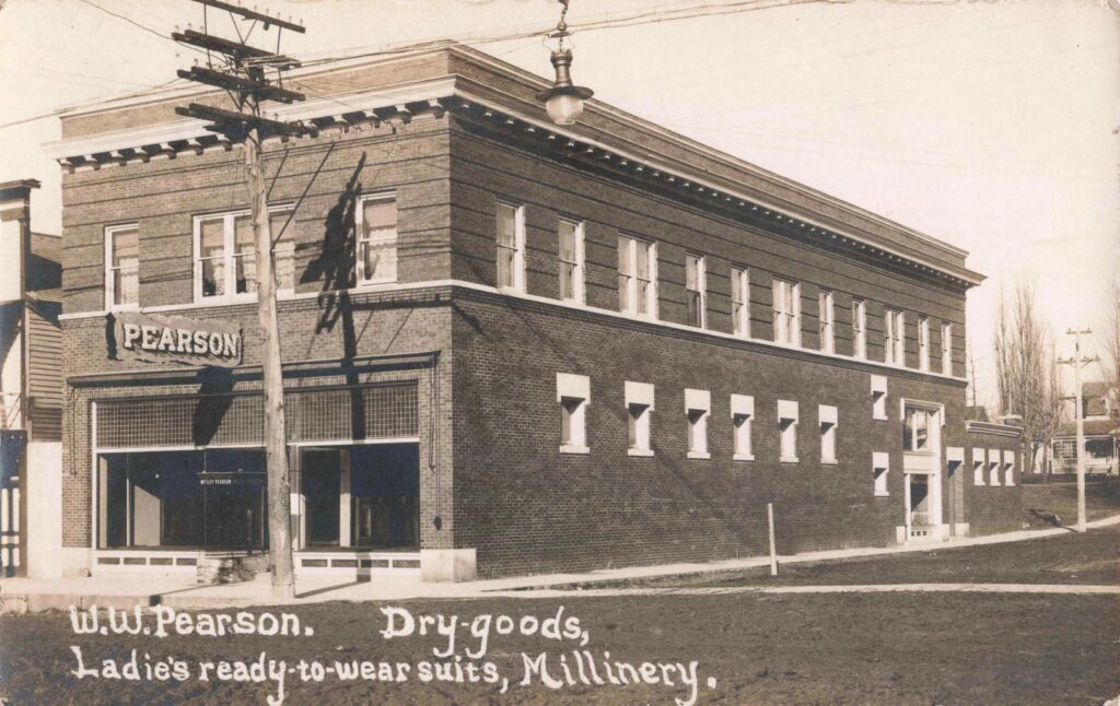 This brick commercial building housed W.W. Pearson’s dry goods business, offering clothing, fabrics, and household items. Stores like this served as essential supply centers for Fremont and surrounding farms.