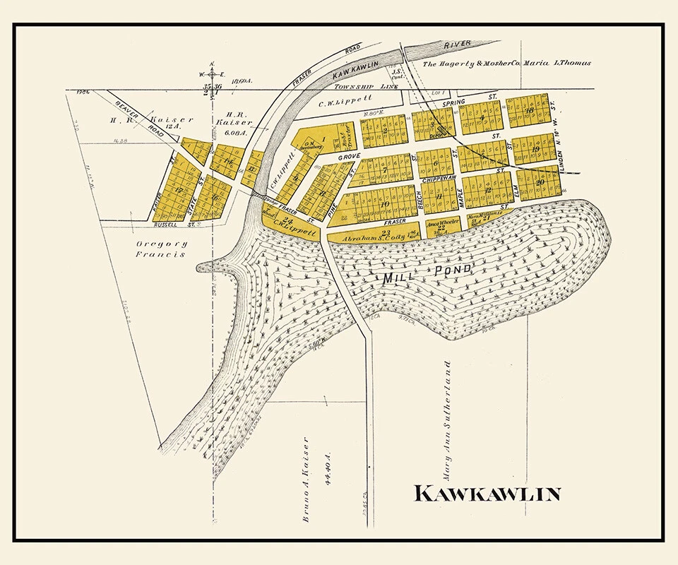 A detailed plat map of early Kawkawlin, showing property divisions, the mill pond, and the compact layout of the developing township.