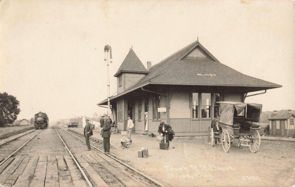 Historic train station with horse carriage