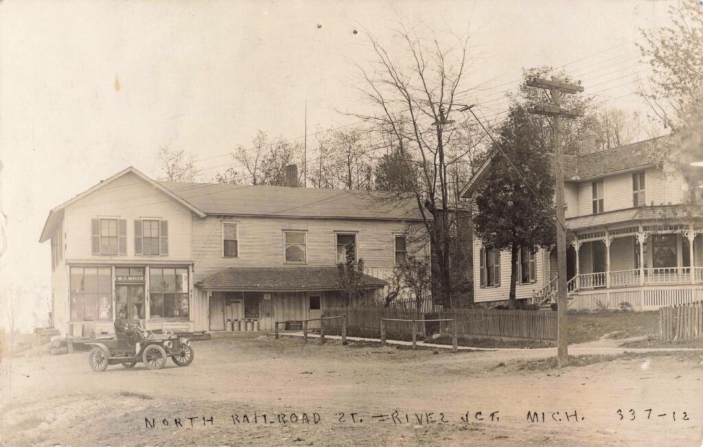 Historic houses with vintage automobile.