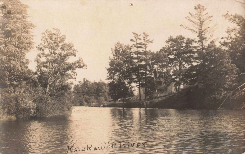 Black and white river landscape photograph. - history of kawkawlin Michigan