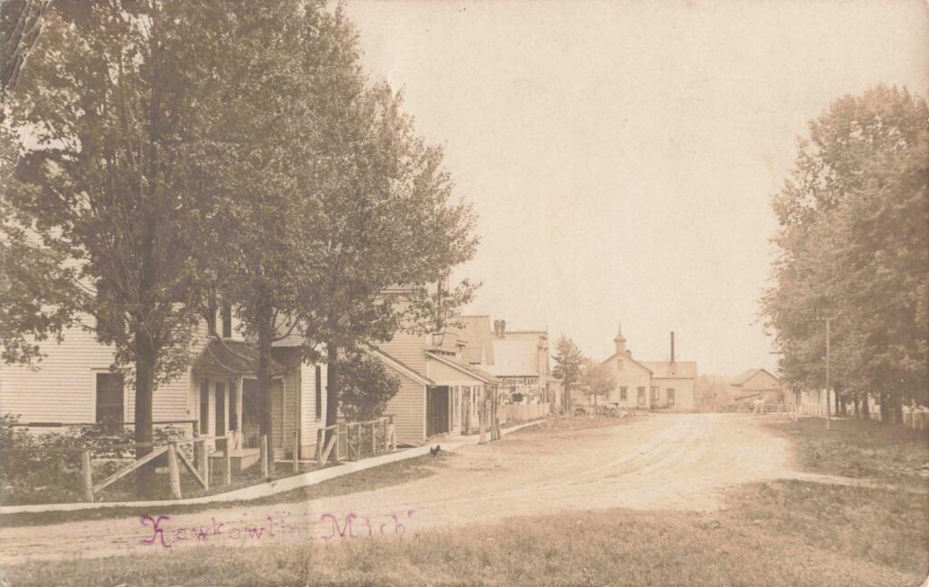 A dirt road through Kawkawlin lined with trees and open land, illustrating the slow, deliberate pace of travel before paved highways.
