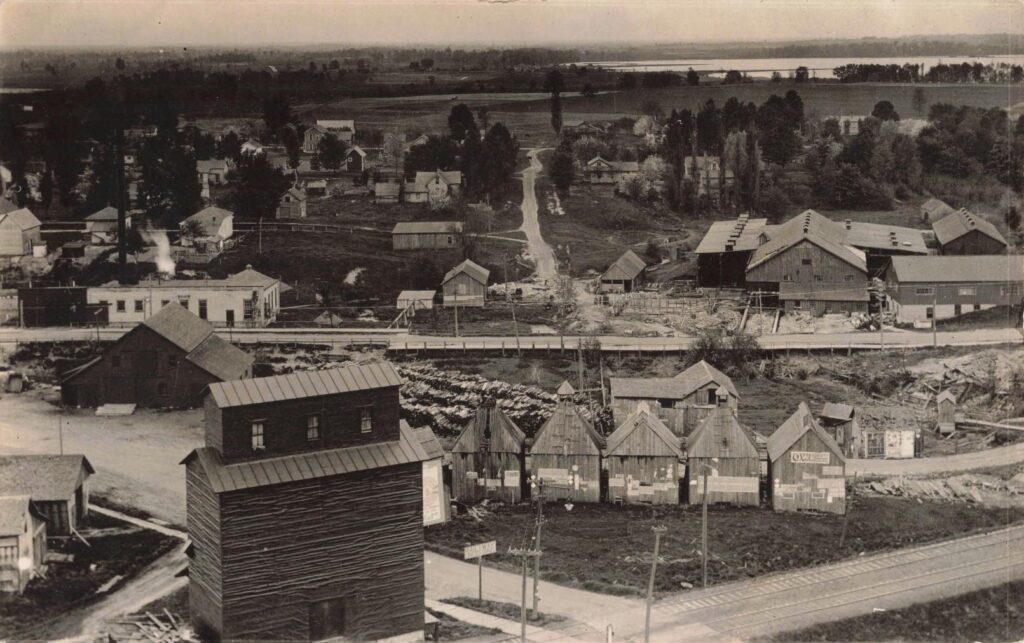 Historic rural landscape with buildings.