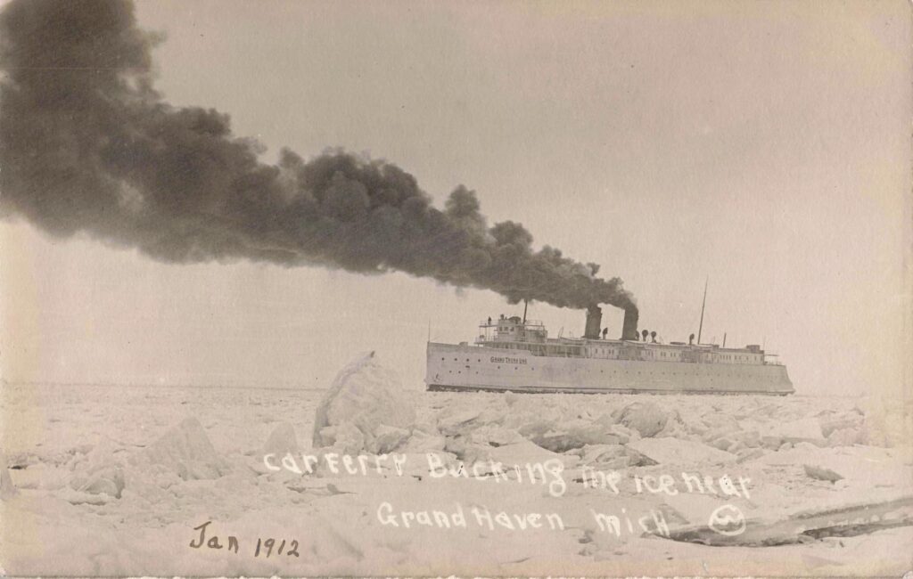 Ferry navigating icy waters, 1912