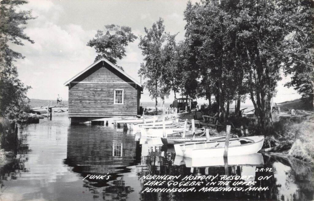 Lakeside resort with boats and trees