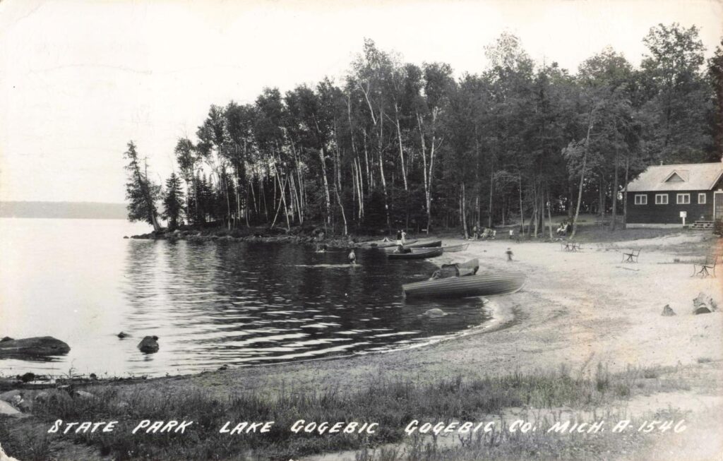 Lakeside scene with boats and trees.