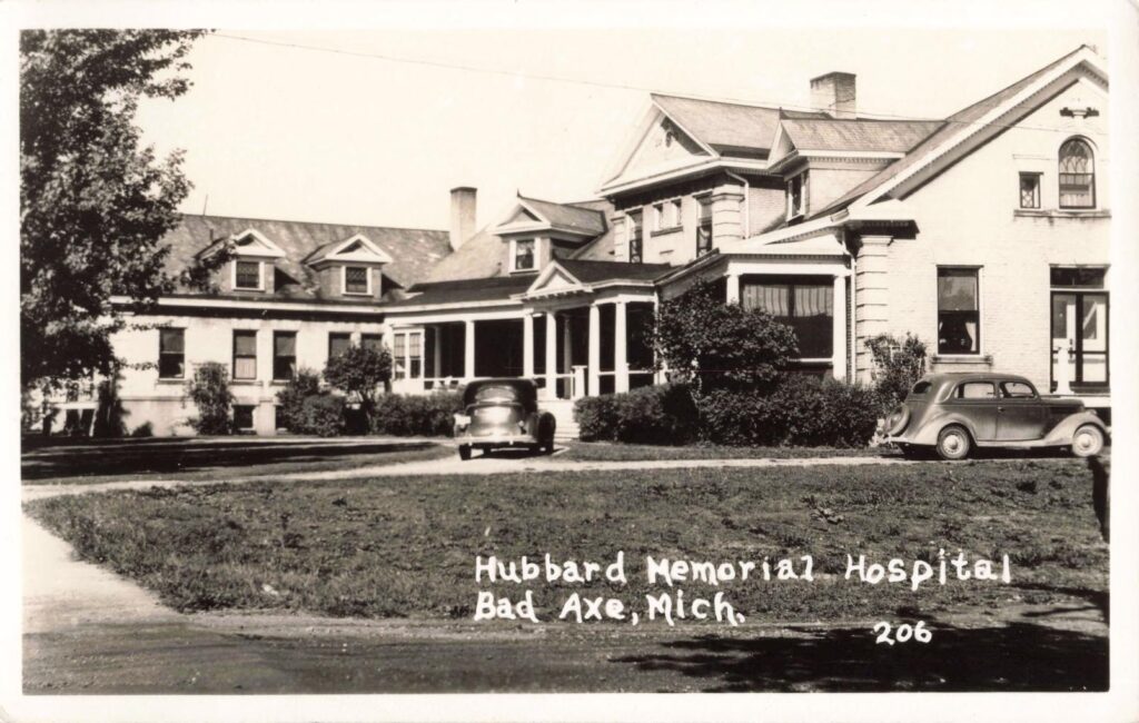 Historic Hubbard Memorial Hospital building in Bad Axe Michigan during the early twentieth century.