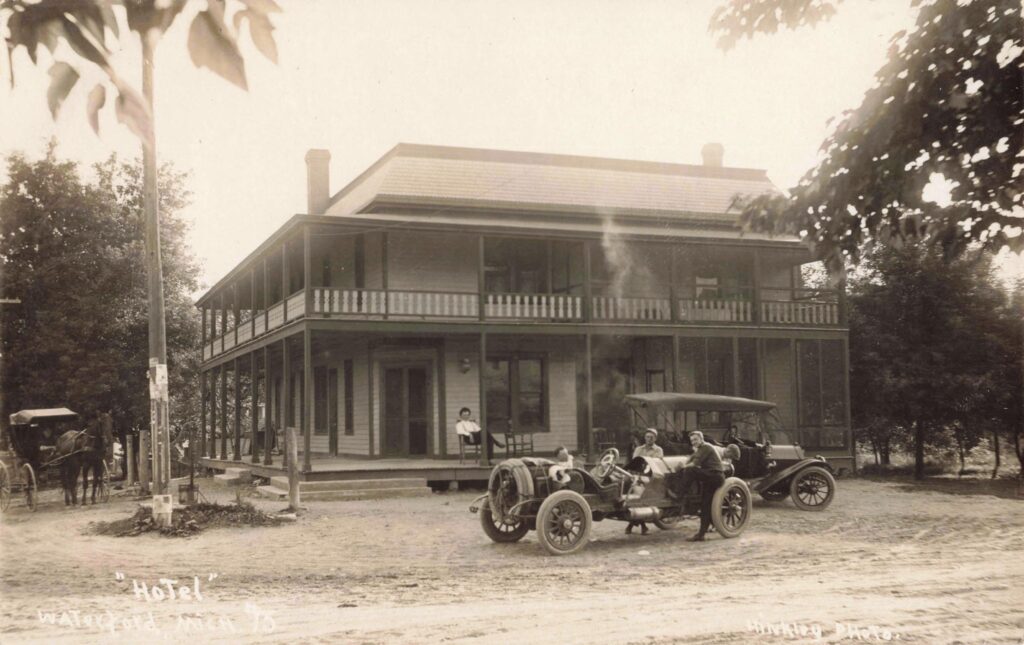 Historic hotel with vintage automobile