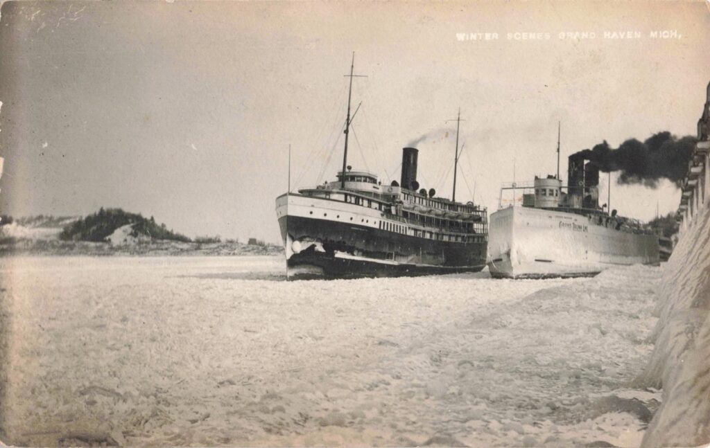 Two ships in icy winter scene