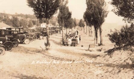 Vintage cars parked by sandy beach.