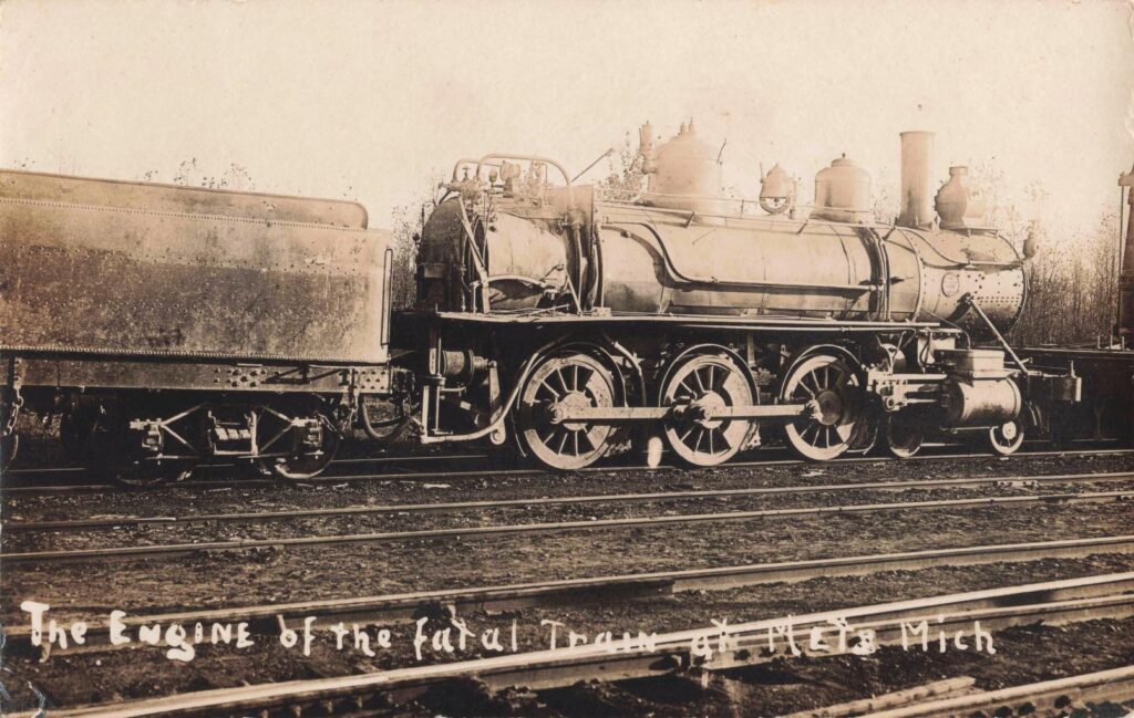 The engine from the fatal train at Metz, Michigan, shown after the 1908 disaster.