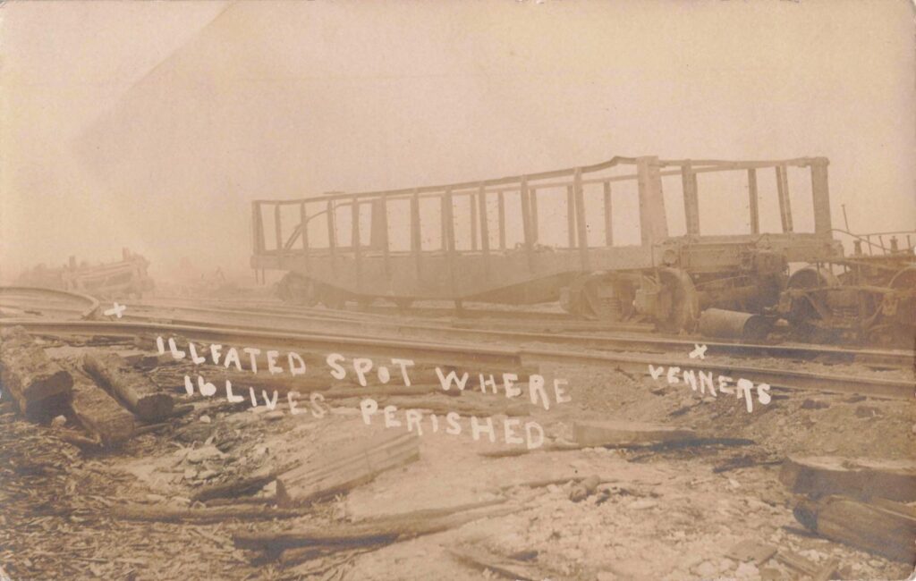 The “fatal steel gondola” at Metz after the fire, tied to the relief train disaster.