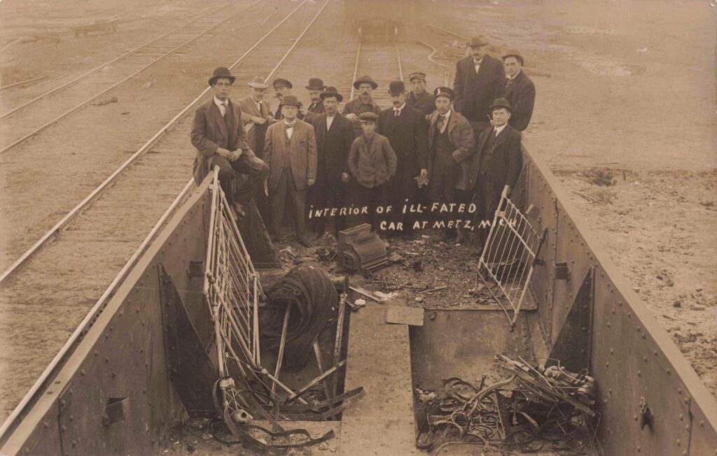  Interior view of the ill-fated car at Metz, Michigan, showing the aftermath of the rail disaster.