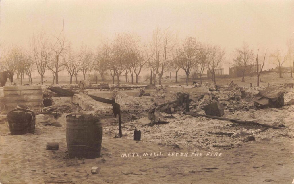 General view of Metz, Michigan, after the fire, showing the scale of destruction across the village.