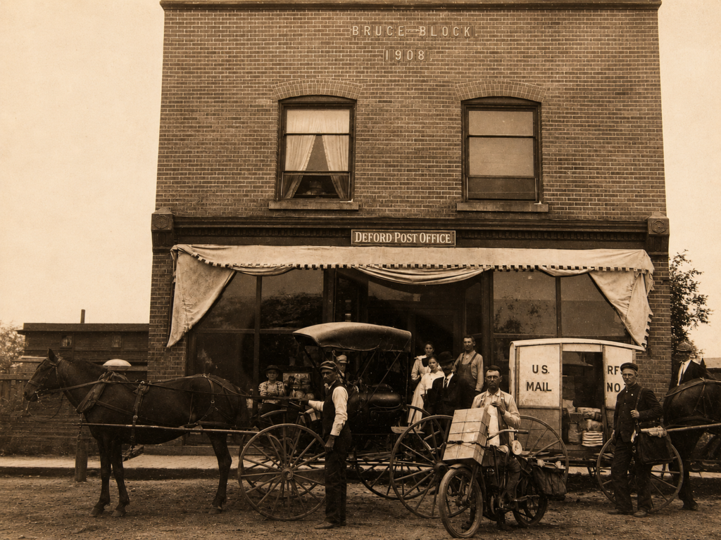 Bruce Block and Deford Post Office, about 1910. The building’s facade carries the date 1908, and the scene shows mail service, horse traffic, and the commercial center of town in one frame. The Bruce Block also stood near the Deford Bank, tying postal service to local trade. 