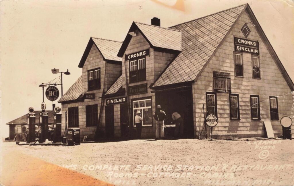 Cronk’s service station combined gas, food, lodging and roadside promotion during Hillman’s automobile era.