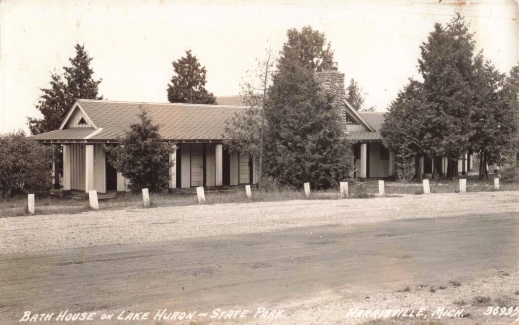 Bath house and beach at Harrisville State Park, c.1930s – one of Michigan’s first state parks (est. 1921) with sandy shoreline for swimming.